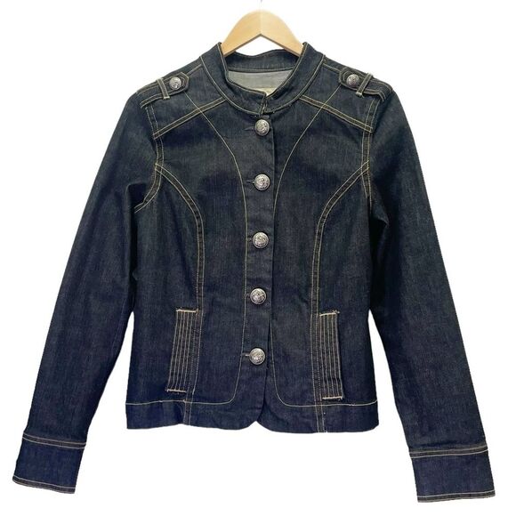Vintage Old Navy Y2K Military Button Jean Jacket Size Large Dark Rinse Denim - Picture 2 of 15
